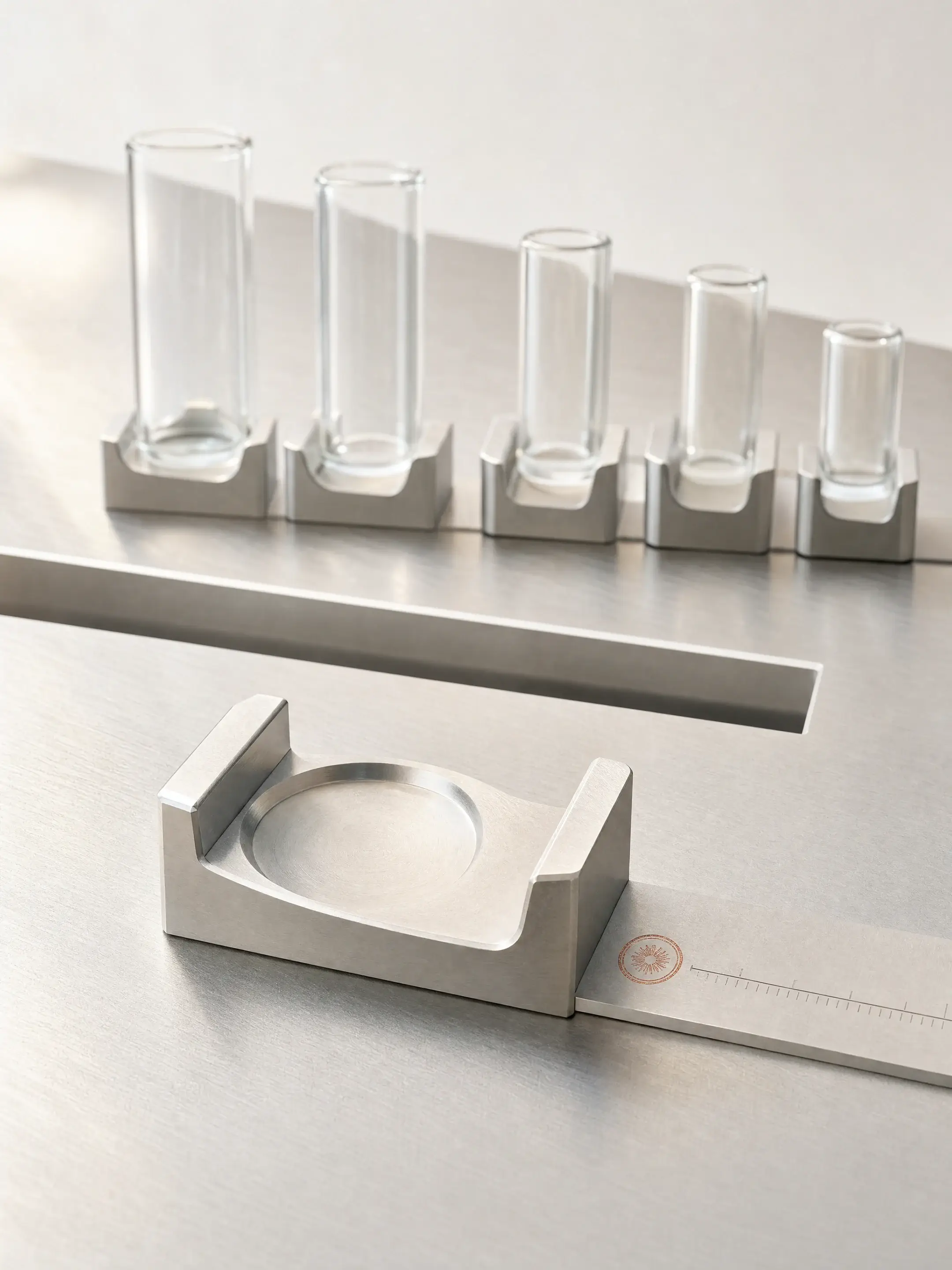 A conceptual measurement fixture: five unequal glass sample cylinders in machined cradles, then a milled break in the plate, and beyond it an empty reference seat beside the only measuring scale.