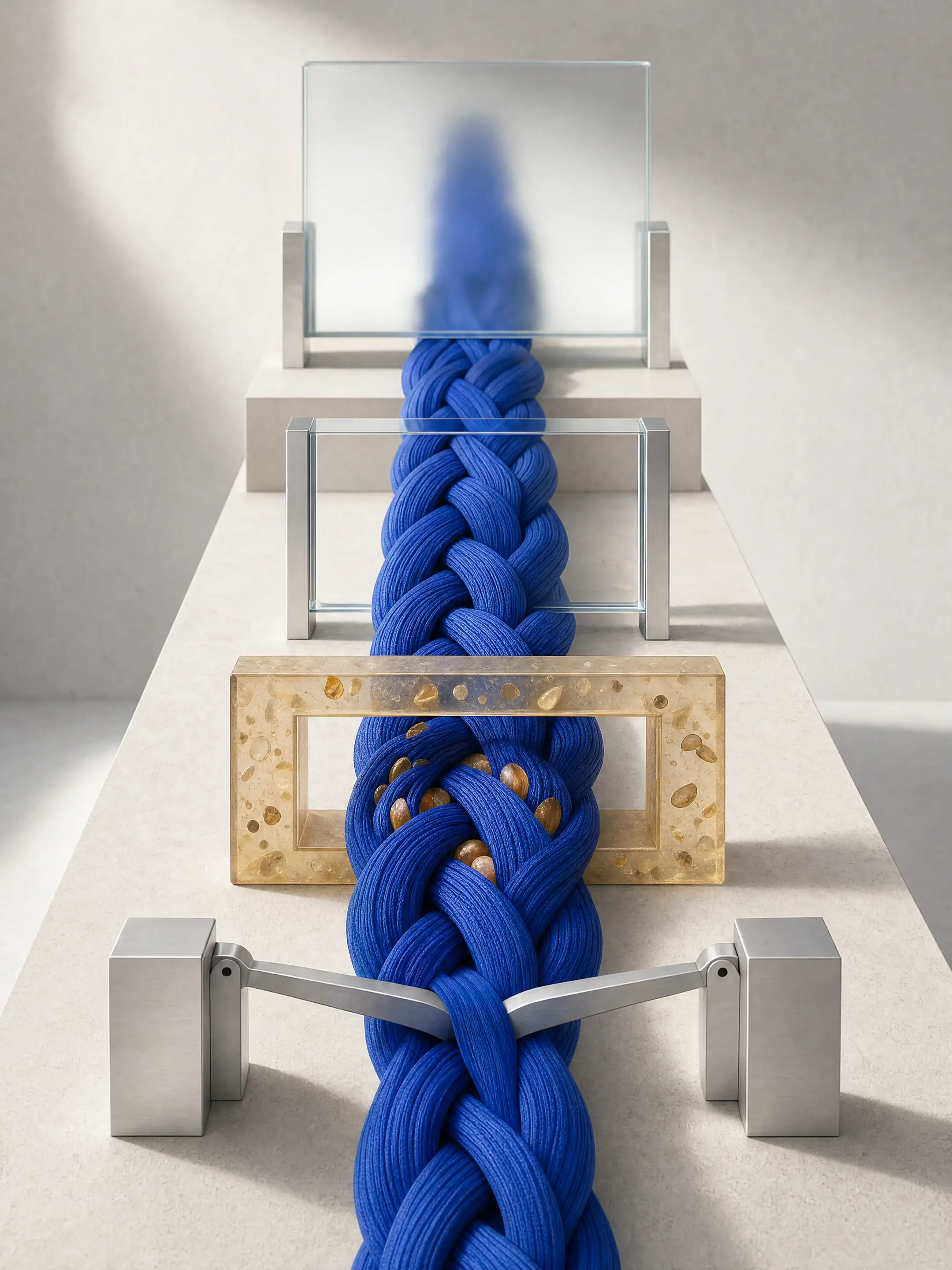 A cobalt woven structure passes through four separate gates that reveal its silhouette, fibres, internal marbling and load-bearing behavior.