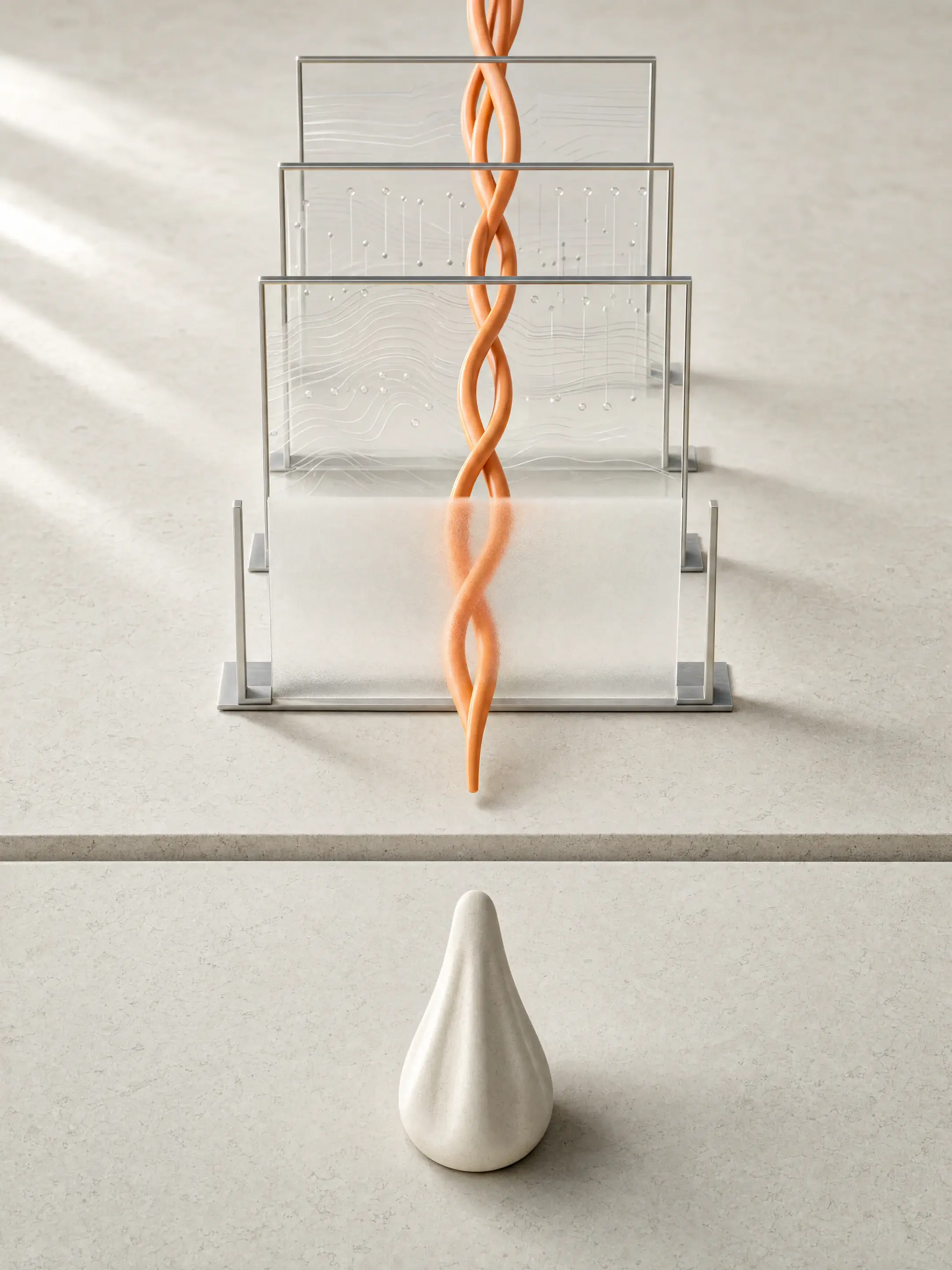 A three-filament orange form passes through four translucent evidence planes and stops before a disconnected pale object.