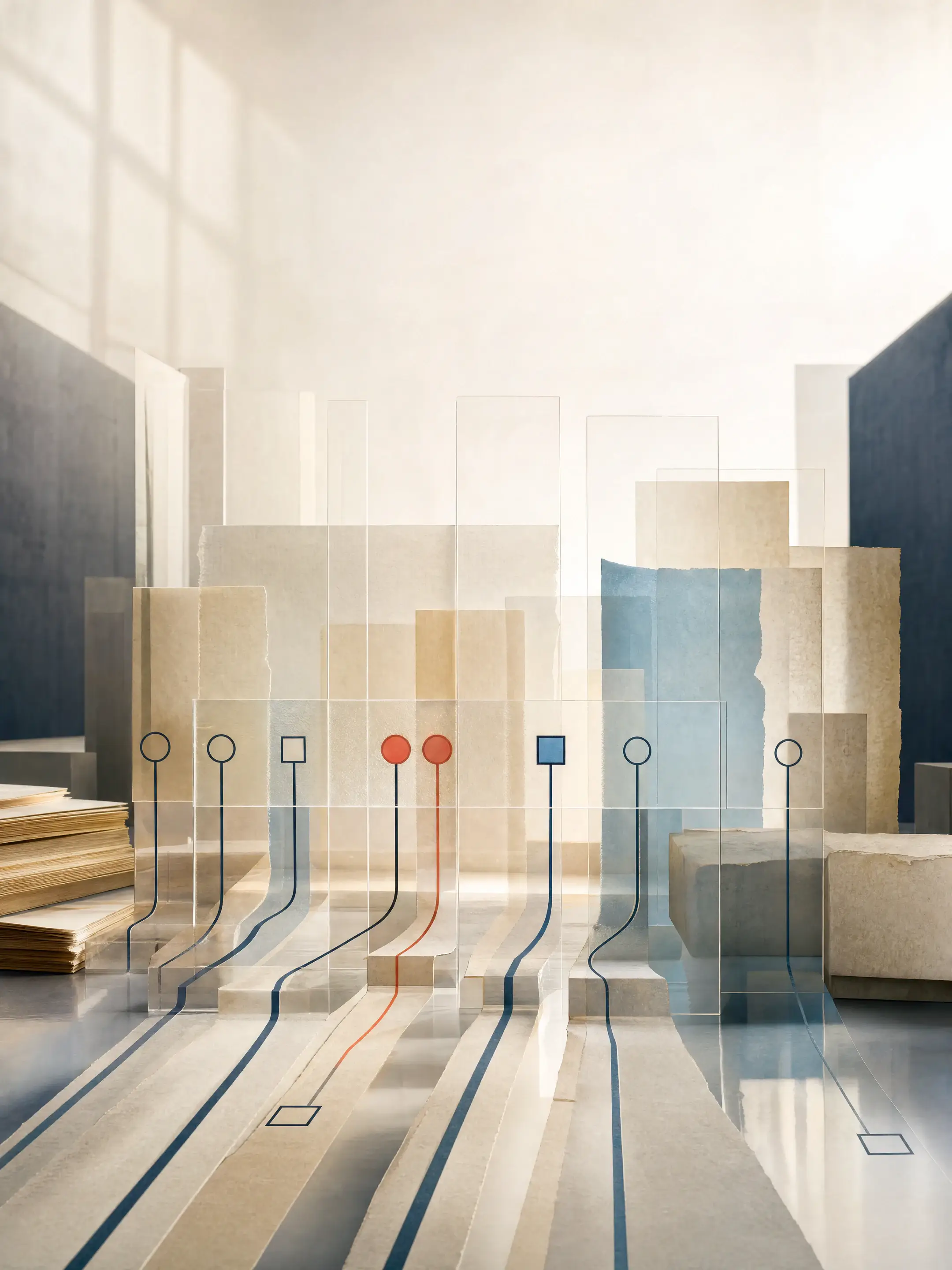 A conceptual evidence-transfer field built from paper, glass gates and seven dark paths, with two coral markers advancing only part of the way.