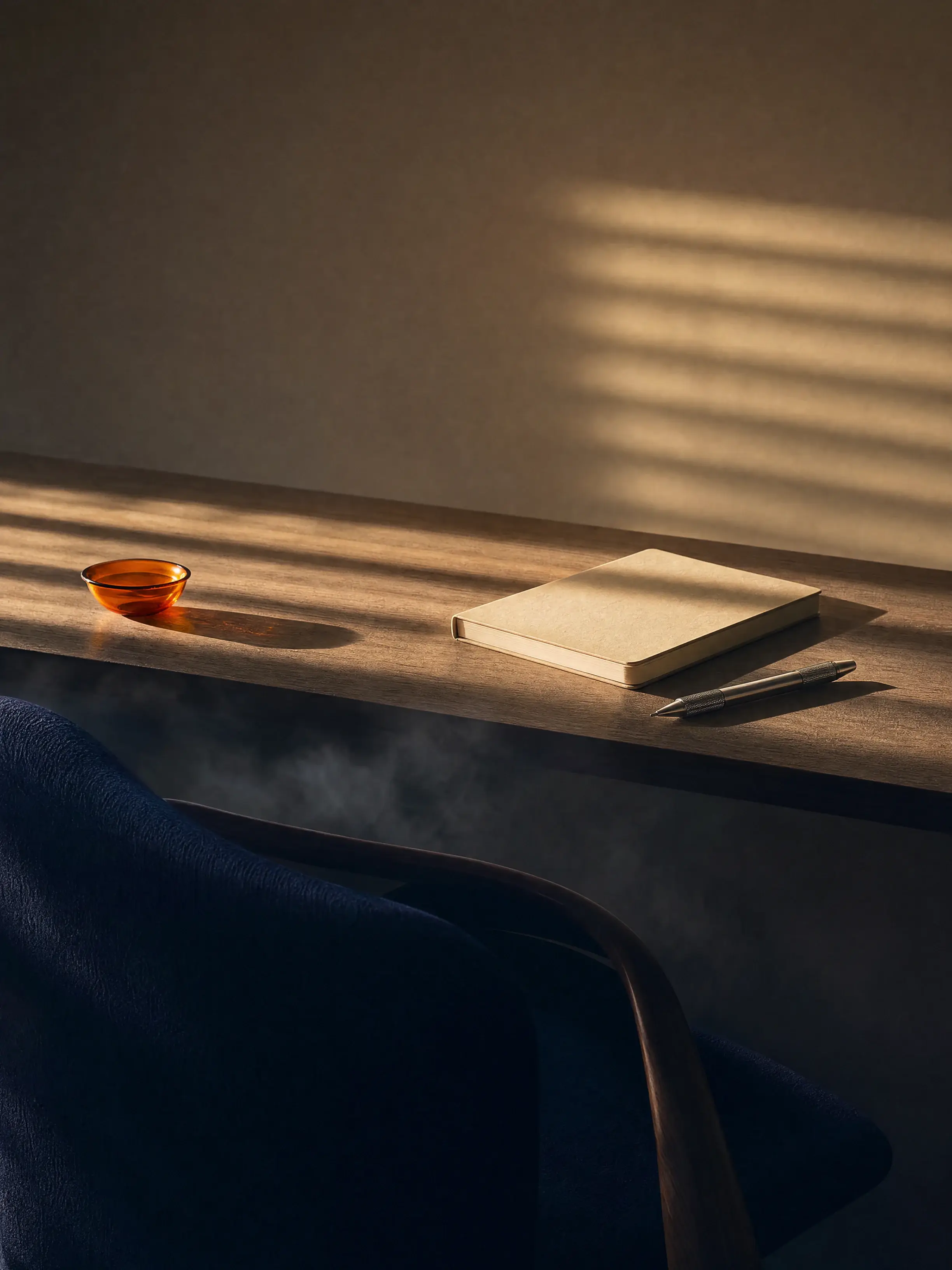 A shaded rest chair is separated by a hazed band from a clear sunlit work surface in a quiet afternoon studio.