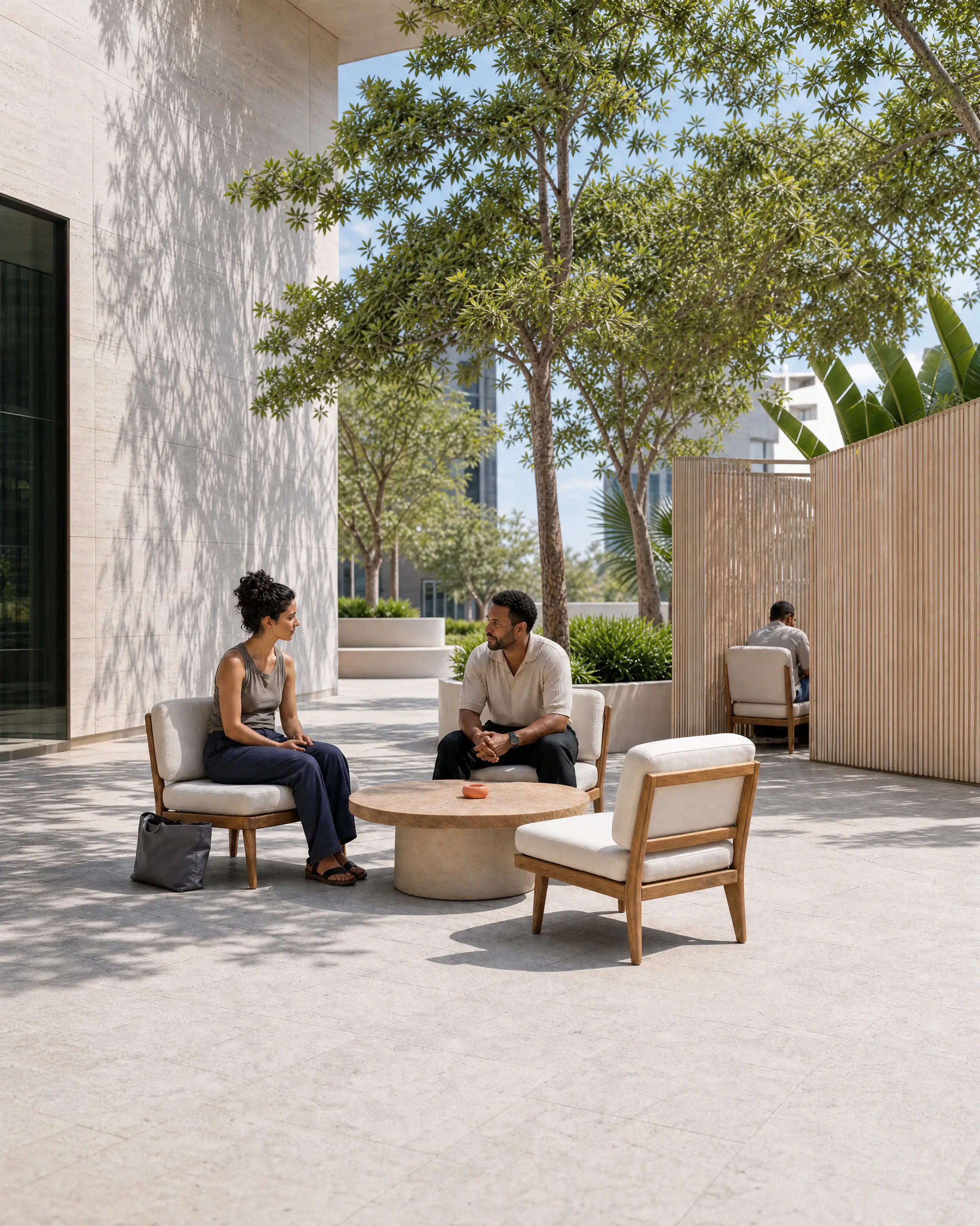 Two strangers talk beside an open chair and a small coral signal, while a separate screened seat preserves private space.