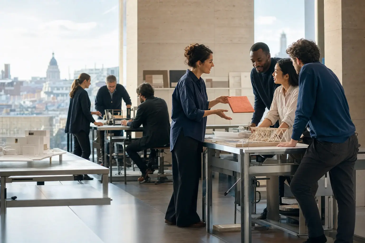 People exchange project materials between working groups in a bright collaborative studio.