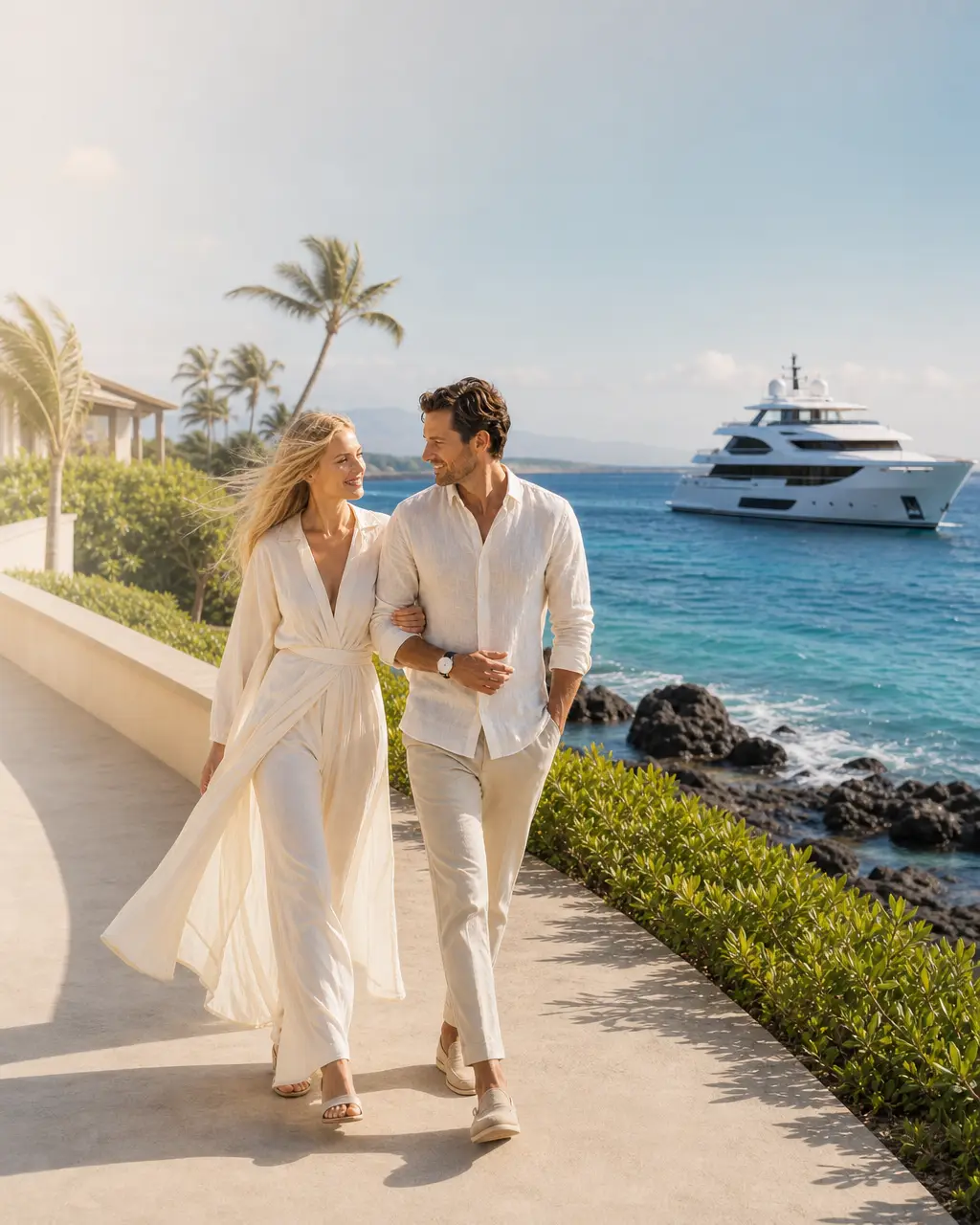 A blonde woman and her partner walk together above a bright volcanic coastline, with an unmarked watch and a prominent motor yacht visible in the sunlit scene.