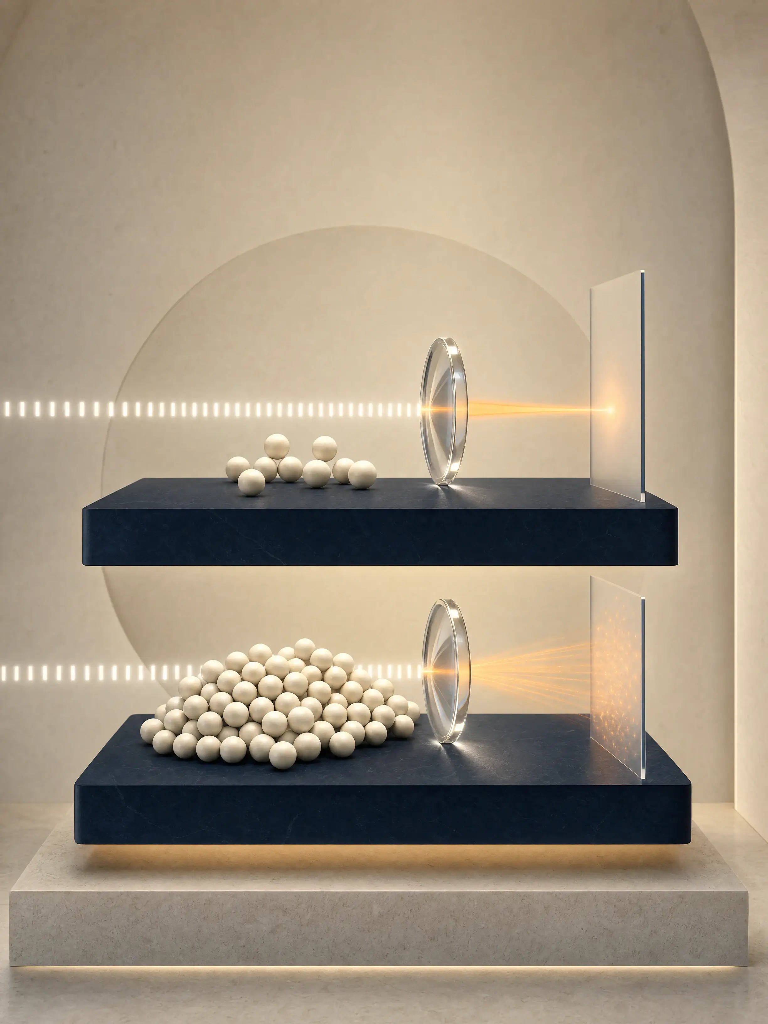 Two equal navy plinths carry differently sized constellations while optical lenses focus and scatter an orange attention beam.