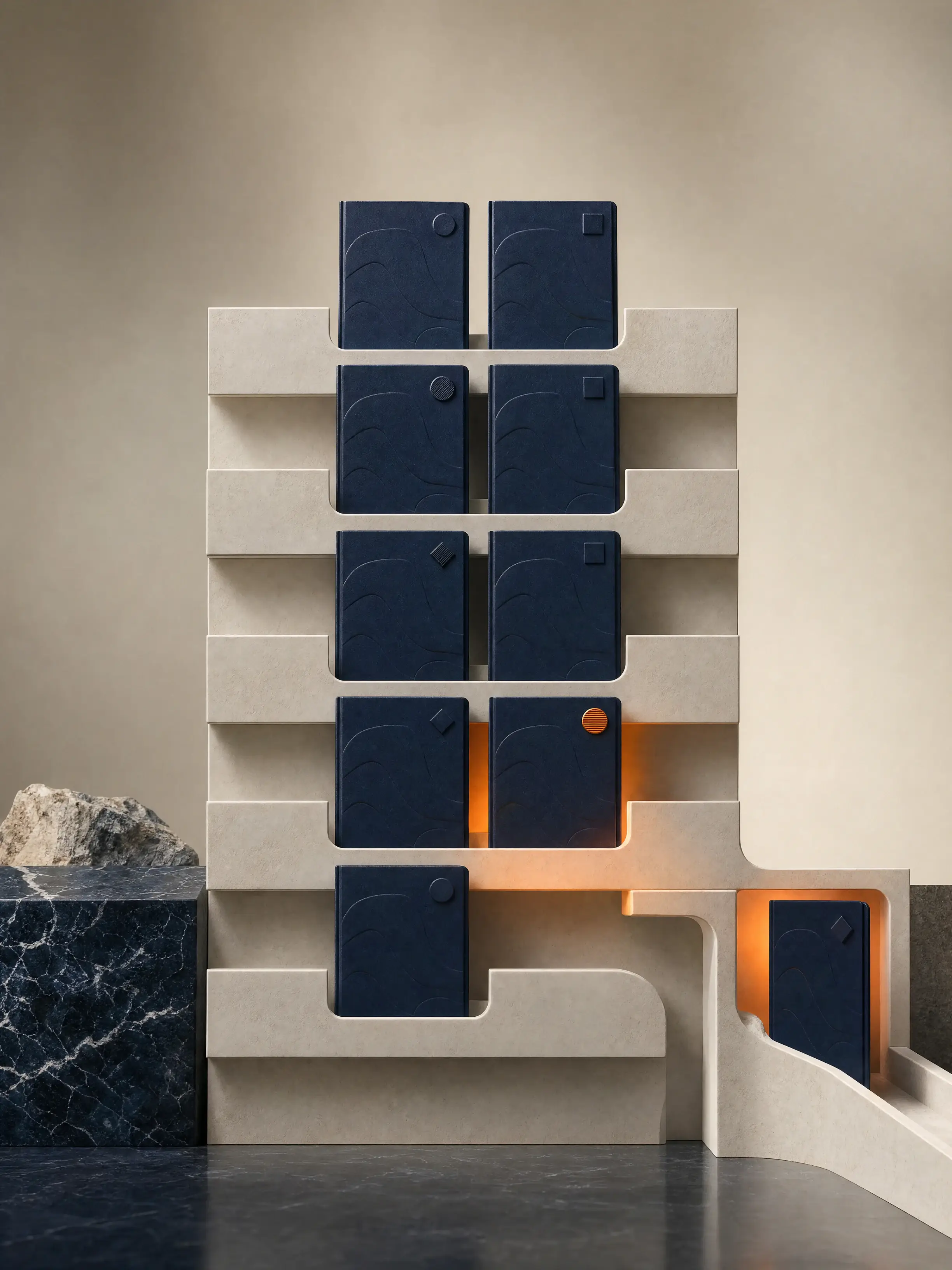 Pairs of equivalent navy application folios pass through ivory gates; one orange-lit gate repeatedly redirects an otherwise matching folio.