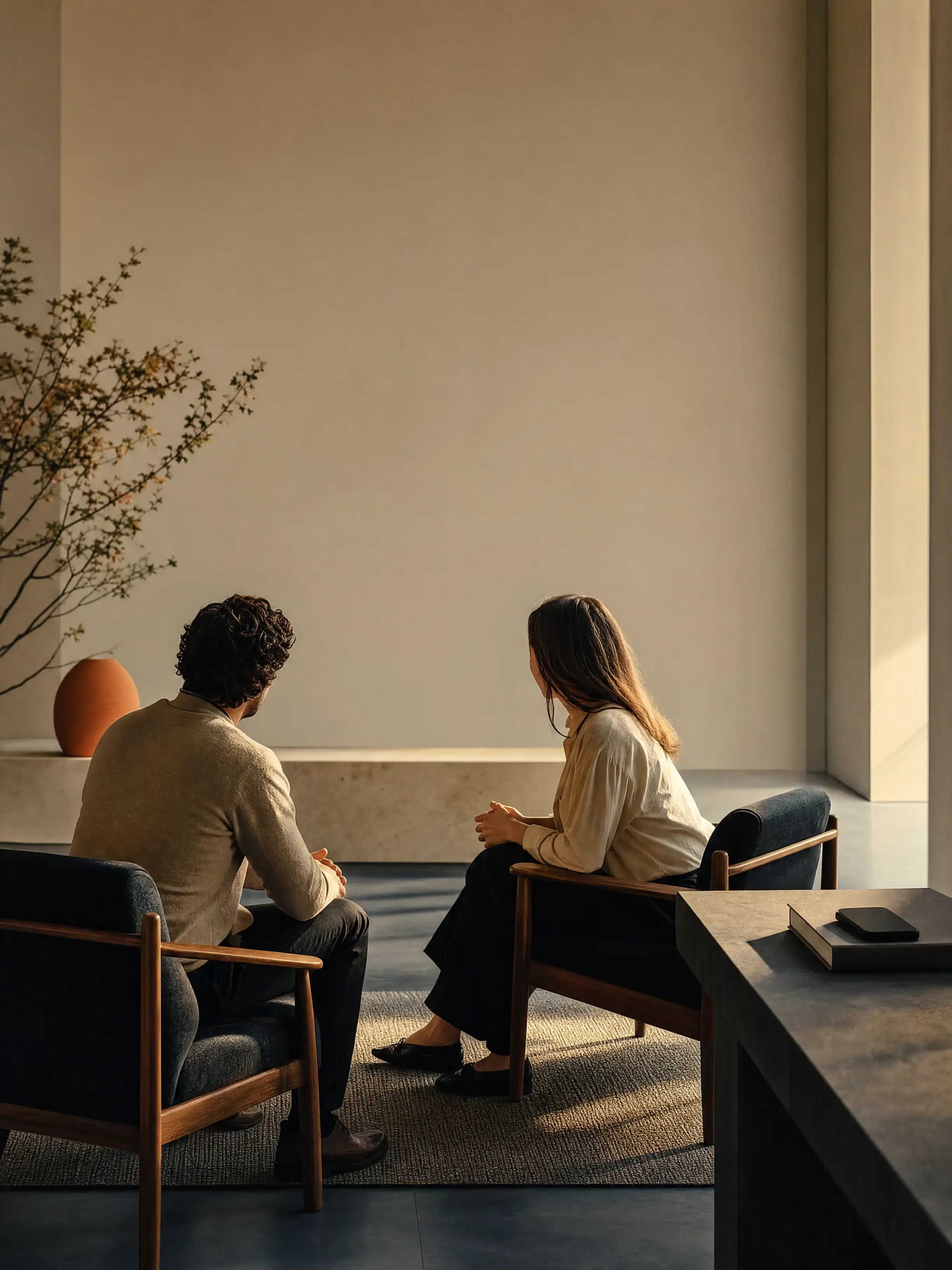 Two people face each other in conversation while a dark, unused phone rests on a book on a nearby side desk outside their direct view.