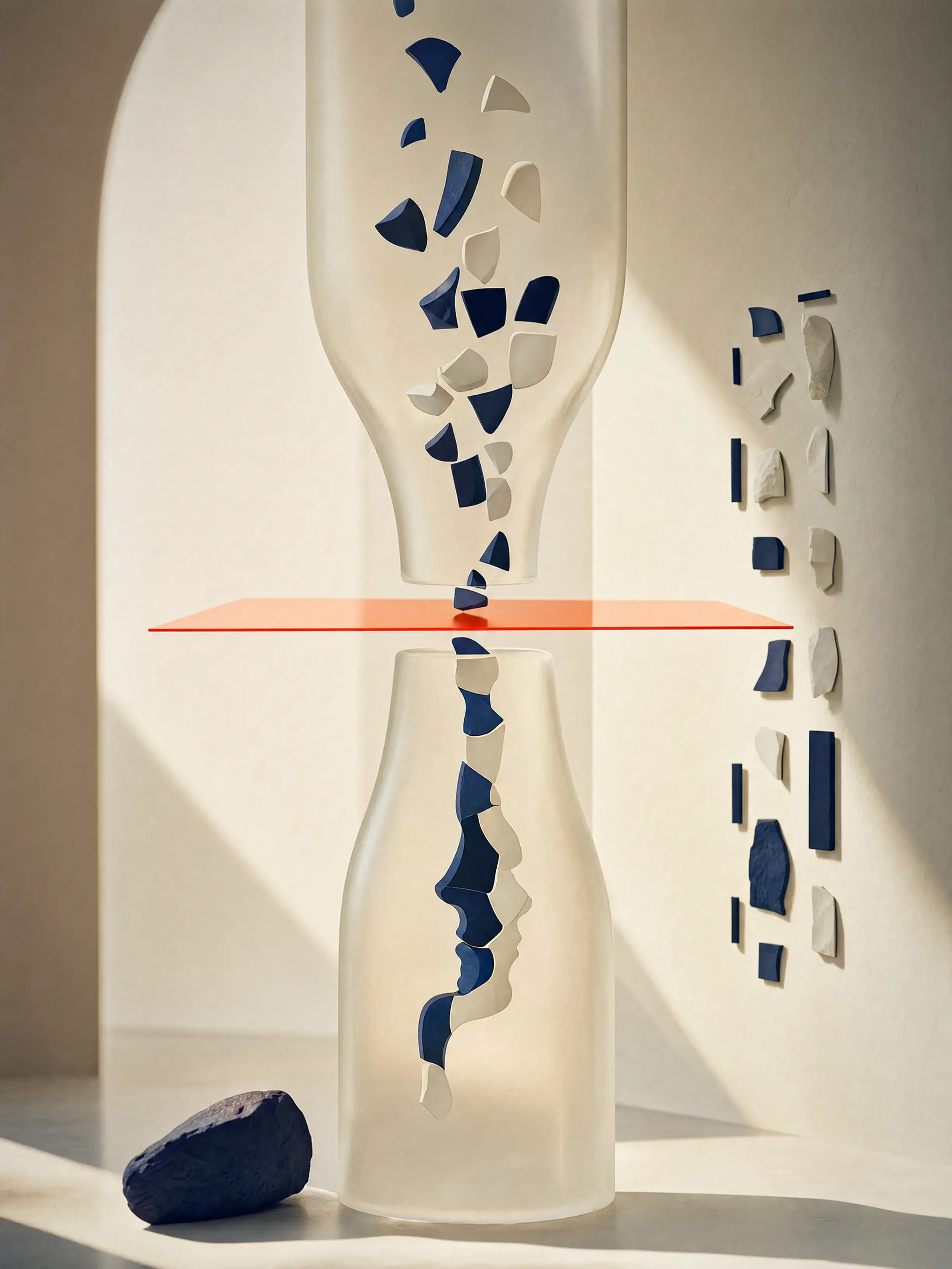 An orange optical plane aligns scattered fragments between two translucent forms while a separate grid remains disconnected.