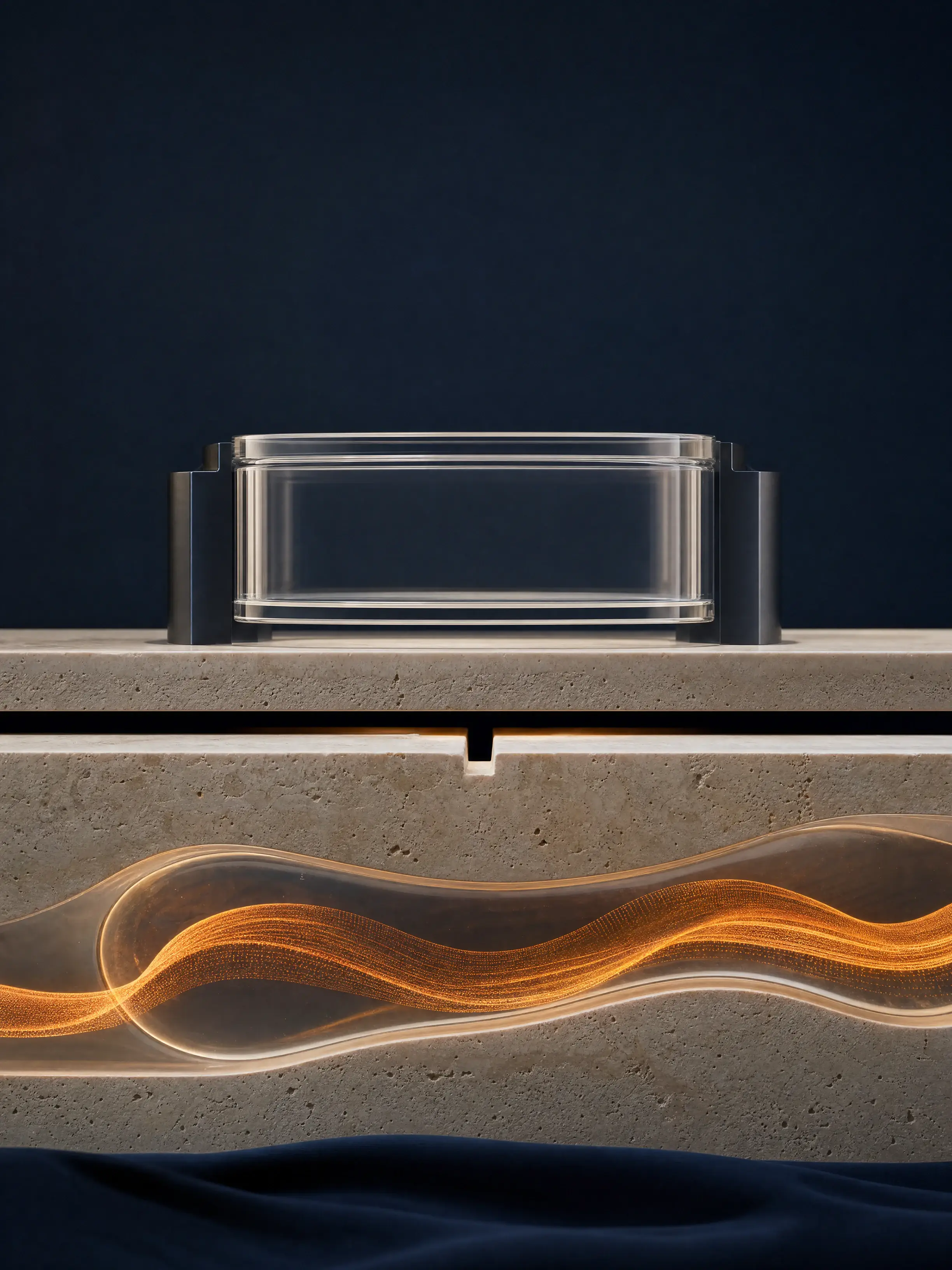 A warm kinetic form and an empty glass observation chamber follow parallel tracks separated by a narrow gap.
