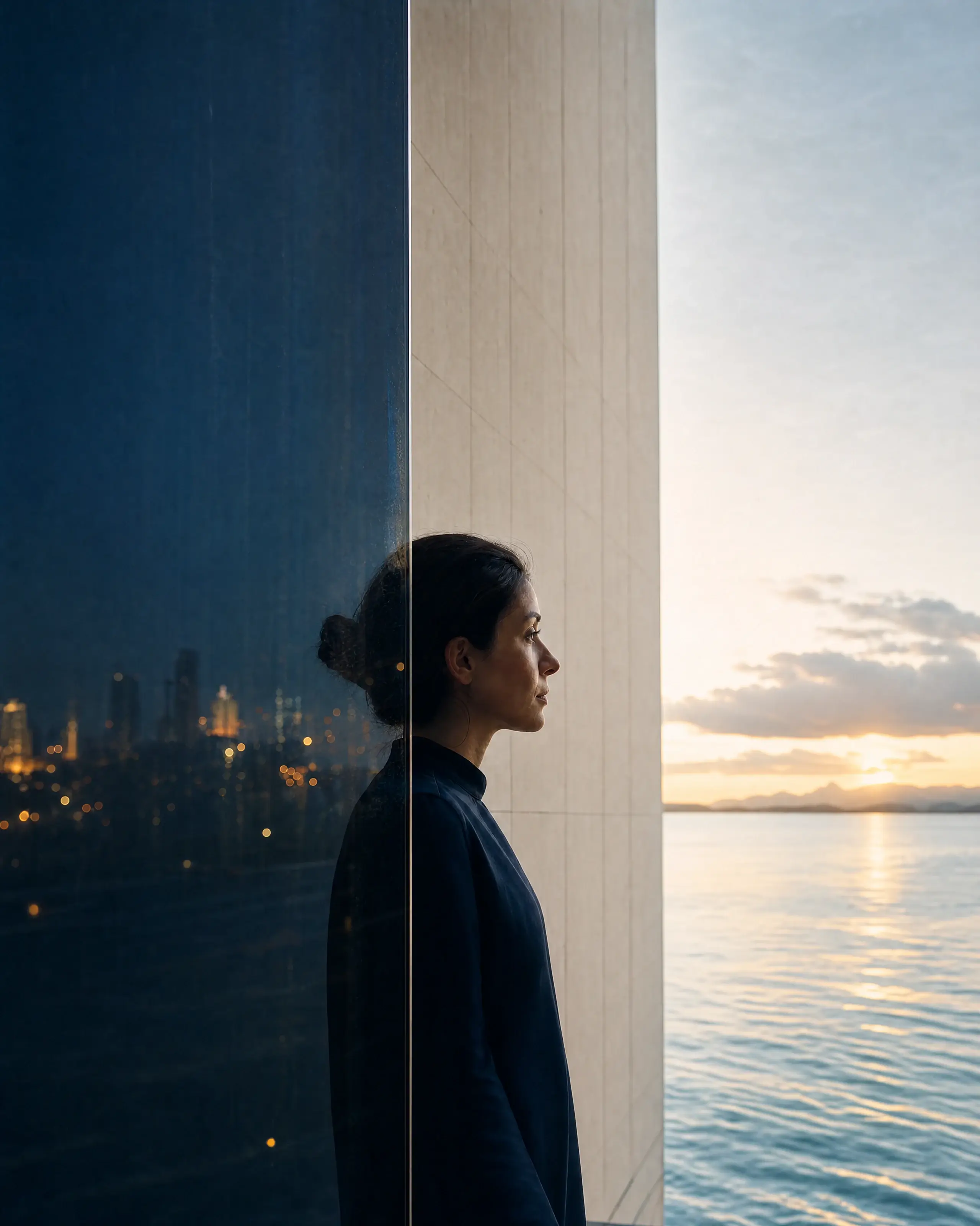The same anonymous profile spans a dark reflective field and clear morning light, representing a temporary change in how one person is perceived.