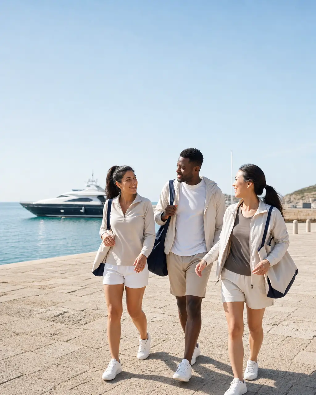 Three adults walk together in conversation through a bright coastal marina, with an unmarked motor yacht beyond them.