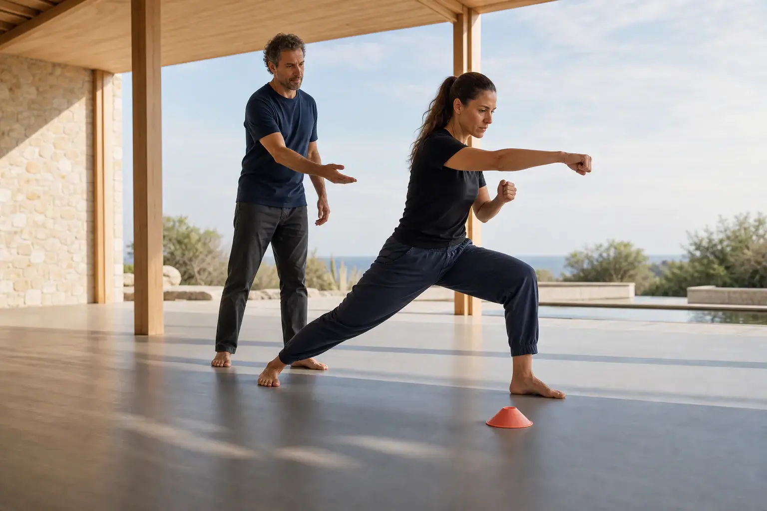 An adult practices a precise movement while a coach offers feedback in an open training pavilion.