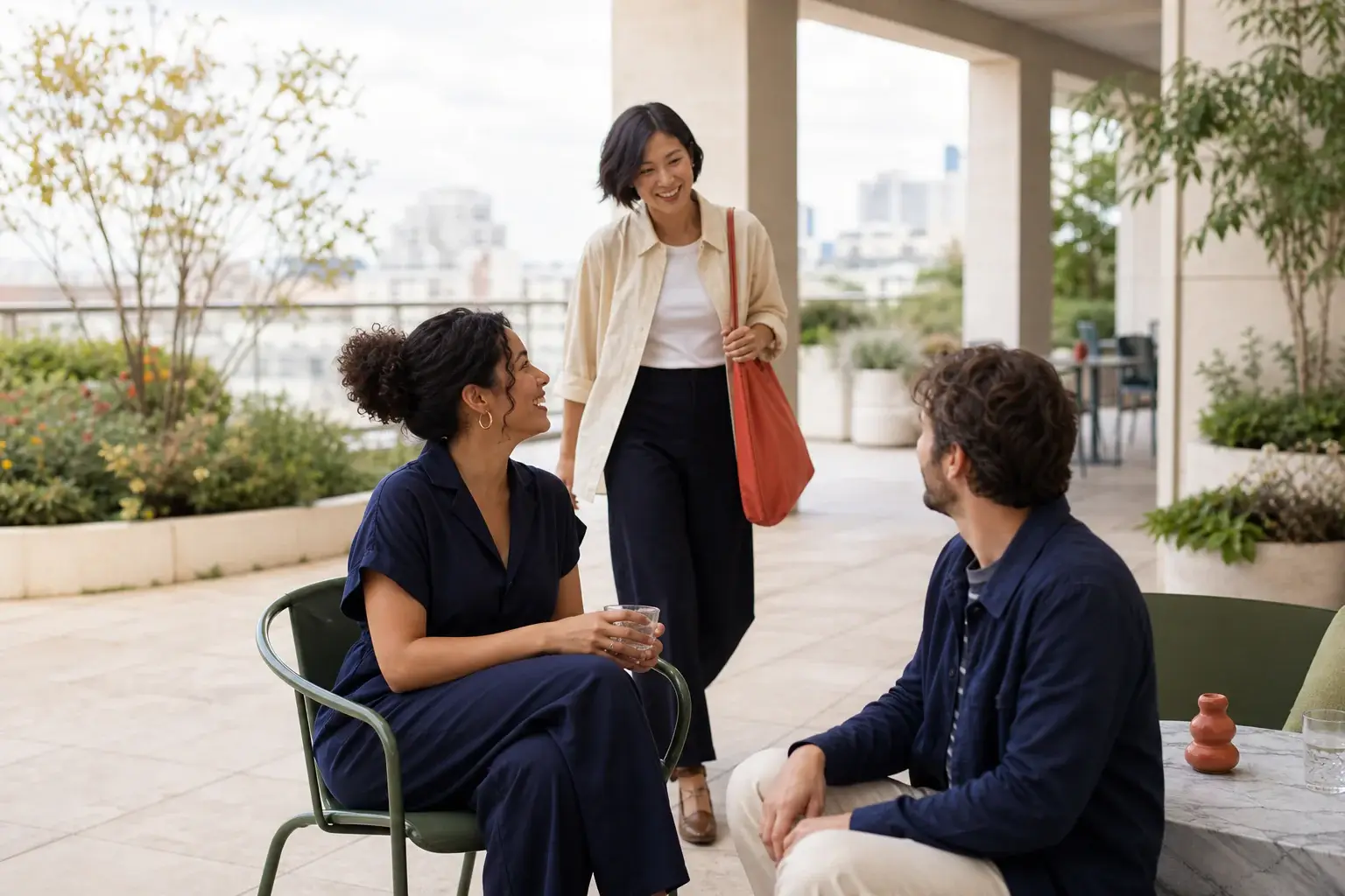 Two adults turn to welcome a third person into their conversation on a garden terrace.