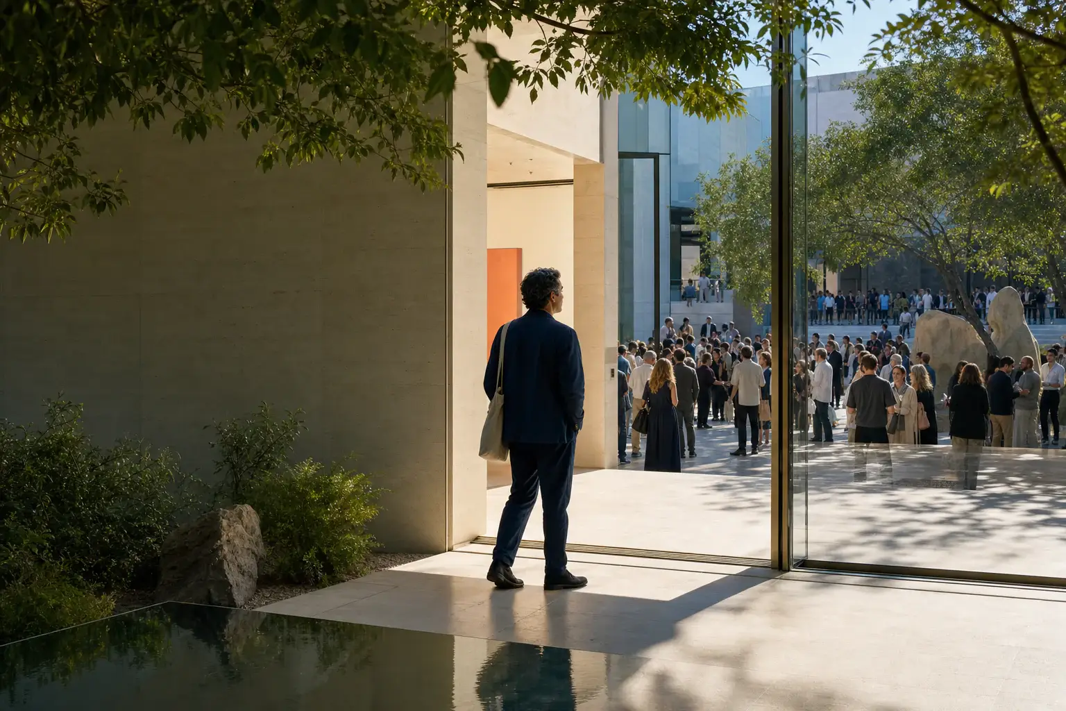 One person pauses at an architectural threshold before entering a large cultural gathering.