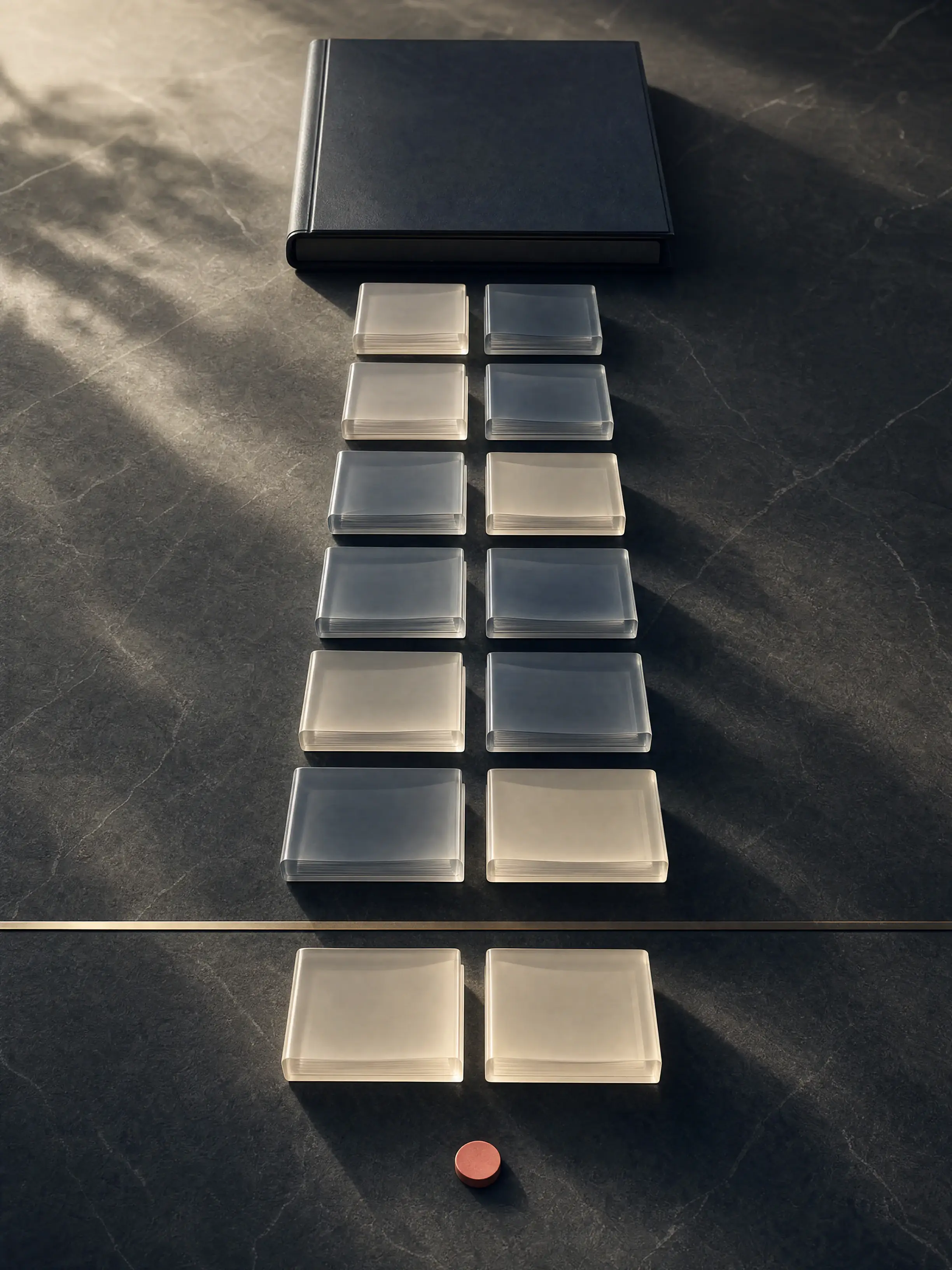 Seven paired translucent dossiers approach a regulatory threshold; six pairs have crossed it while a separate final-decision ledger remains closed.