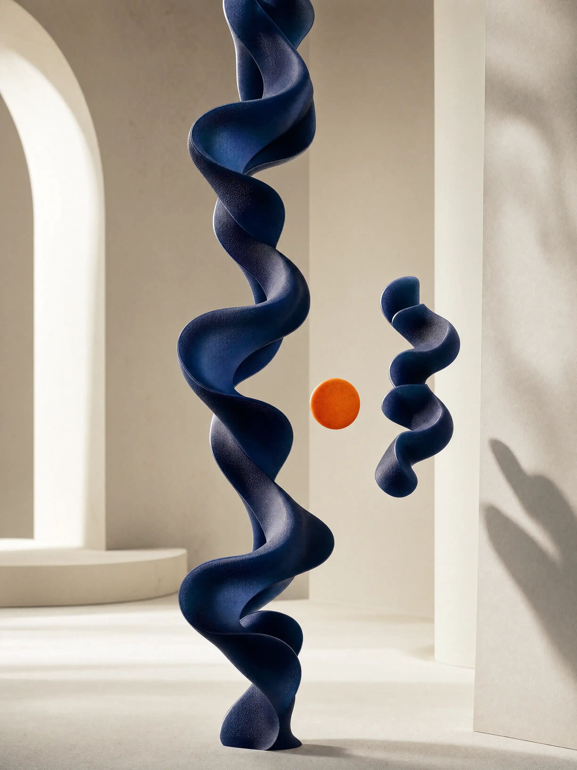 A long navy molecular abstraction and a separate short seven-segment form cast distinct shadows on an ivory surface.